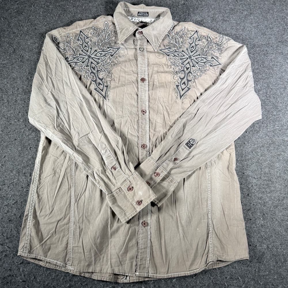 Roar Strength Refined Mens Large Embroidered Western Button Up Shirt Khaki L